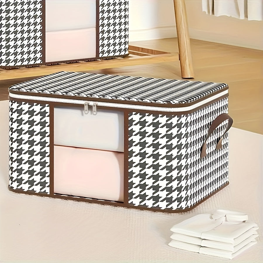 Lightweight portable storage bag with houndstooth window design, large-capacity wardrobe organizer for travel and clothing essentials.