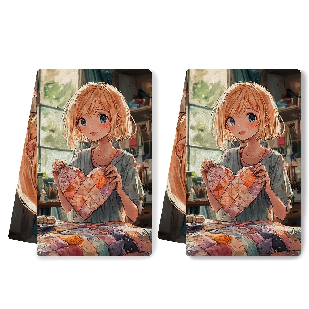 Set of 2 Kitchen Towels featuring an Anime Girl with Short Blonde Hair creating a Heart Shaped Quilt. These Ultra Soft and Highly Absorbent Dish Hand Towels are perfect for holiday decor. Machine Washable and measuring 16x24 inches. Item number