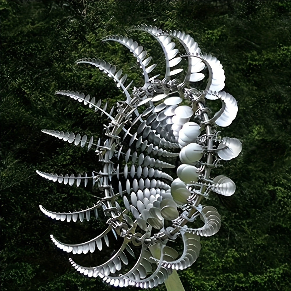 Solar-powered iron wind sculpture with 3D kinetic metal windmill design, ideal for outdoor garden decor.