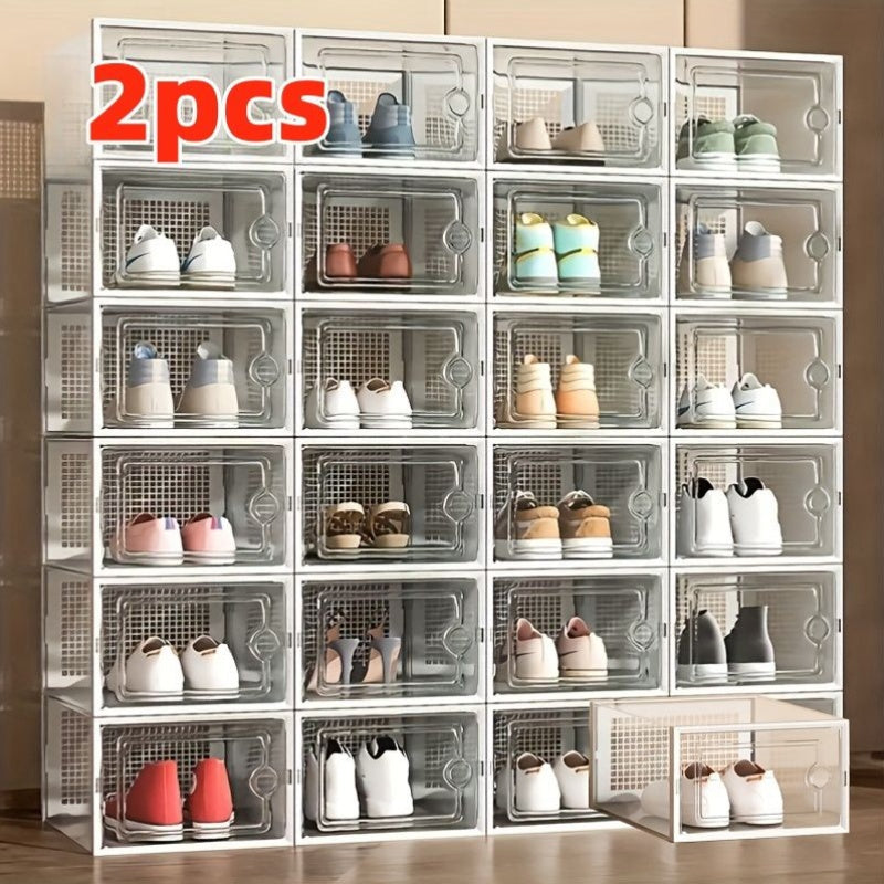 An assortment of clear plastic shoe containers in different dimensions, created for easy stacking and acting as multiple-tier shoe storage units that keep dust at bay. These adaptable shoe organizers are ideal for showcasing in homes and dorm rooms