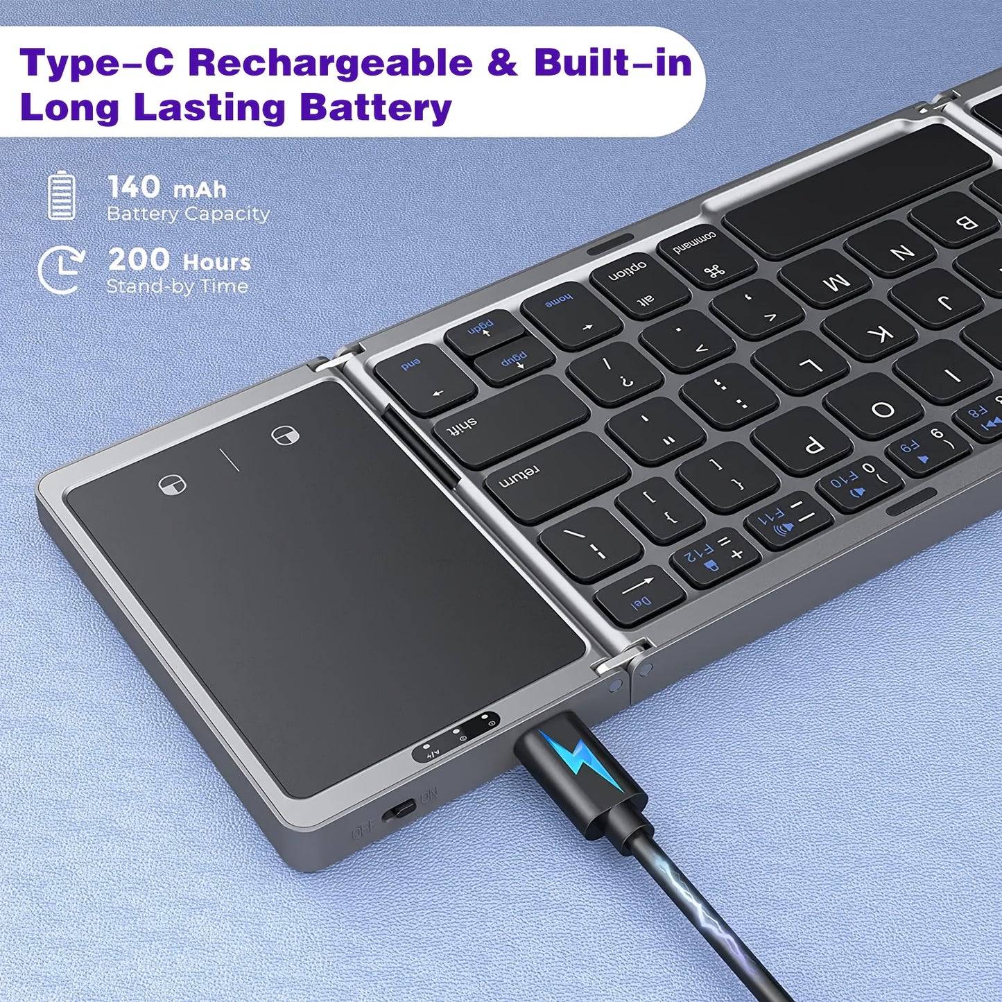 Compact foldable wireless keyboard with touchpad for Windows, Android, iOS, and Mac devices, perfect for tablets and smartphones.