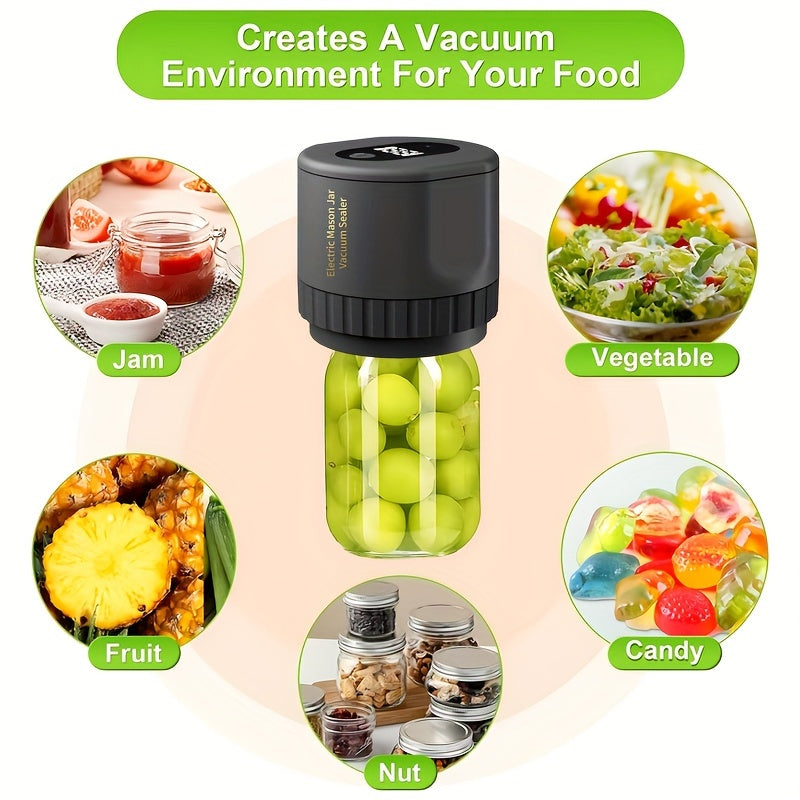 Keep your dry foods fresh with the Electric Mason Jars Vacuum Sealer, designed for both wide mouth and regular mouth mason jars. This set includes 5 lids each for wide mouth and regular mouth jars in black.