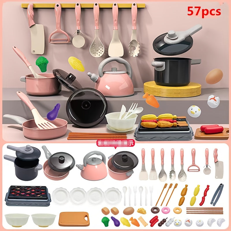 Pink Miniature Play Kitchen Set with Fruits & Food made of durable ABS resin, ideal for girls' pretend cooking and home play during winter and New Year.