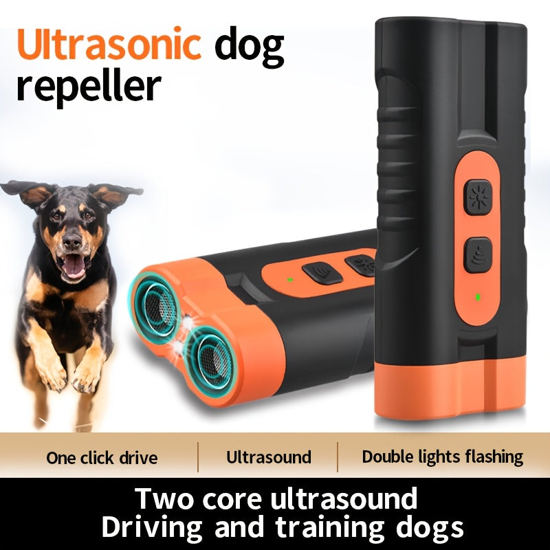 Dual-head ultrasonic dog repeller with powerful heads for long-distance training, designed to stop barking and scare away dogs and cats for personal safety.