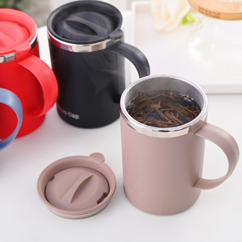 Durable stainless steel travel mug with leak-proof lid, suitable for office or on-the-go use with coffee, tea, or milk.