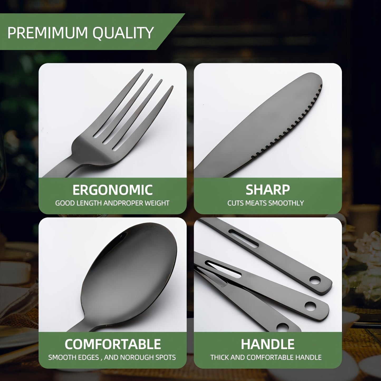 Set of 6 stainless steel tableware pieces for outdoor camping and picnics.