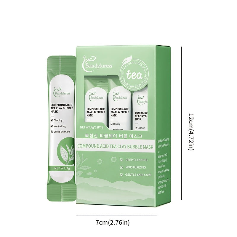 12-piece box of Composite Acid Tea Mud Bubble Mask with salicylic acid, lactic acid, centella asiatica, and niacinamide. Cleanses, refines pores, brightens, hydrates, and tightens skin