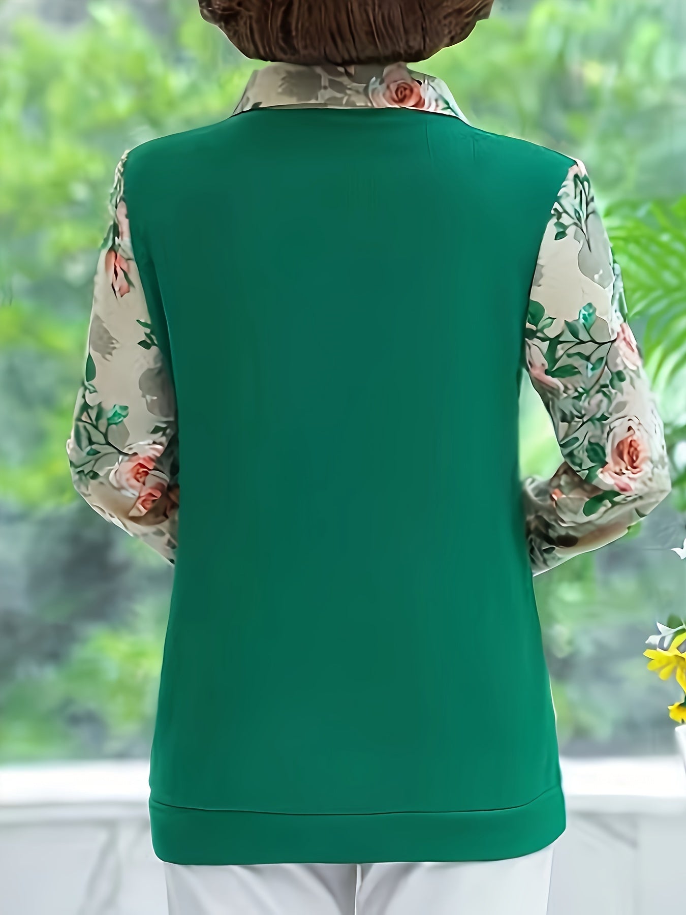 Print Panel Mom Top - Lightweight Polyester, Long Sleeve with Lapel Collar, Machine Washable - Great for Spring/Autumn Vacations