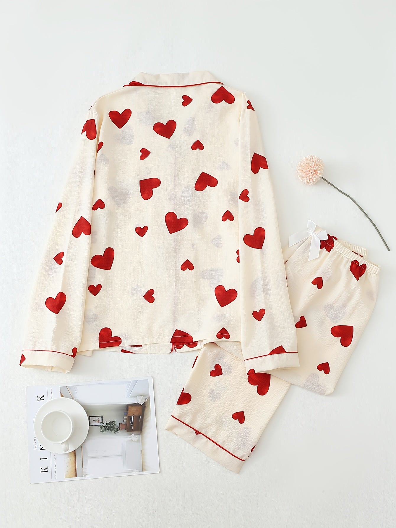 Teen pajama set with heart print, machine washable polyester blend, long sleeve top and pants.