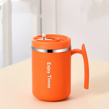 Stylish stainless steel coffee mug with straw, handle, perfect for office, reading, camping. Available in orange, light blue, cream, ideal for drinking coffee or tea.