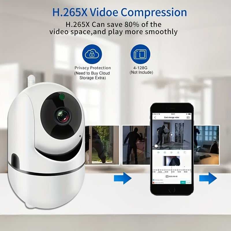 WiFi-enabled home security camera with 1080p resolution, infrared night vision, motion detection alerts, two-way audio, wireless surveillance capabilities, USB power option, and pan/tilt control. Compatible with mobile devices (SD card not included).