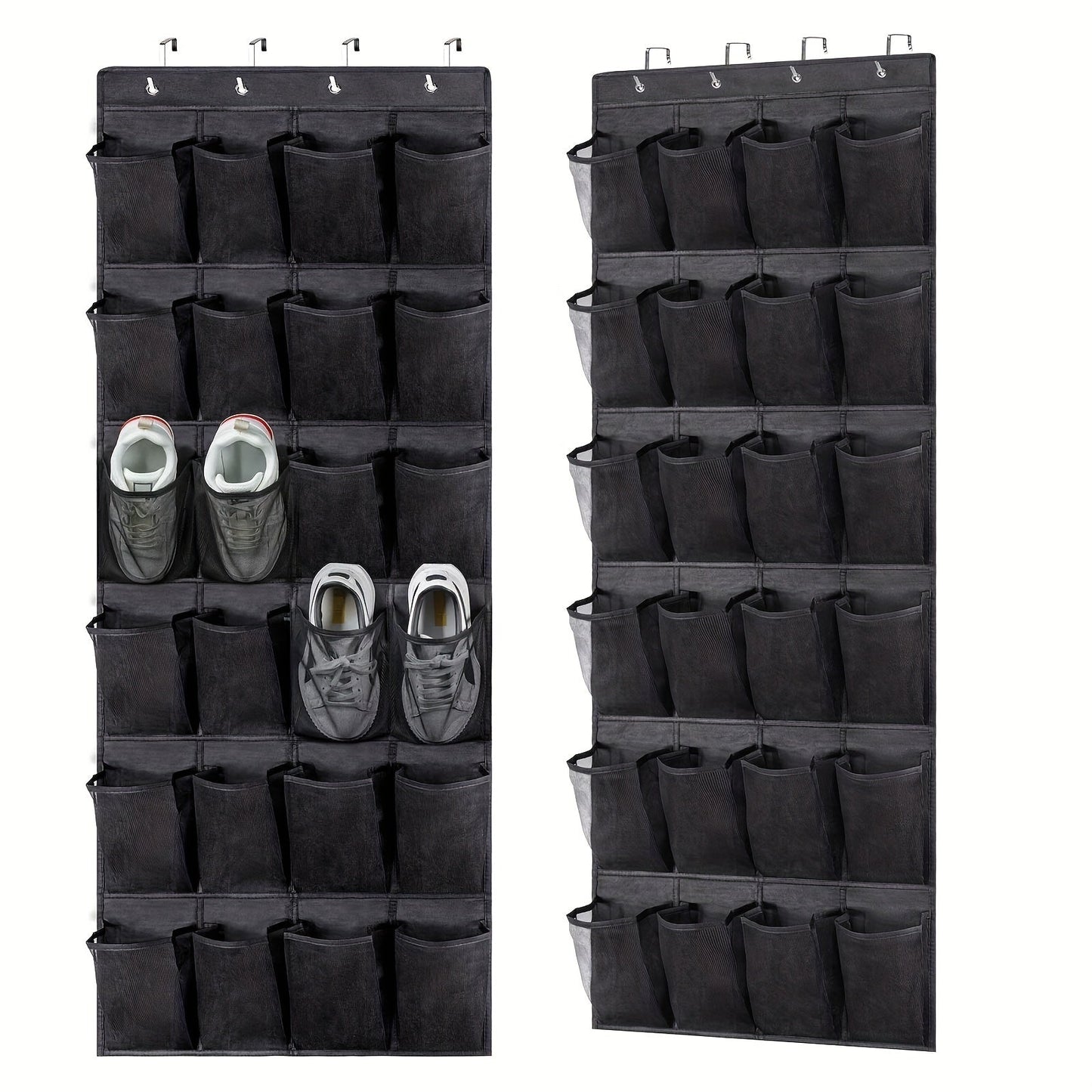 Get organized with our 1-piece over-the-door hanging shoe storage bag featuring 24 mesh pockets. This folding closet storage rack is perfect for storing socks, bras, and other household items, helping you save space in your bedroom, bathroom, office