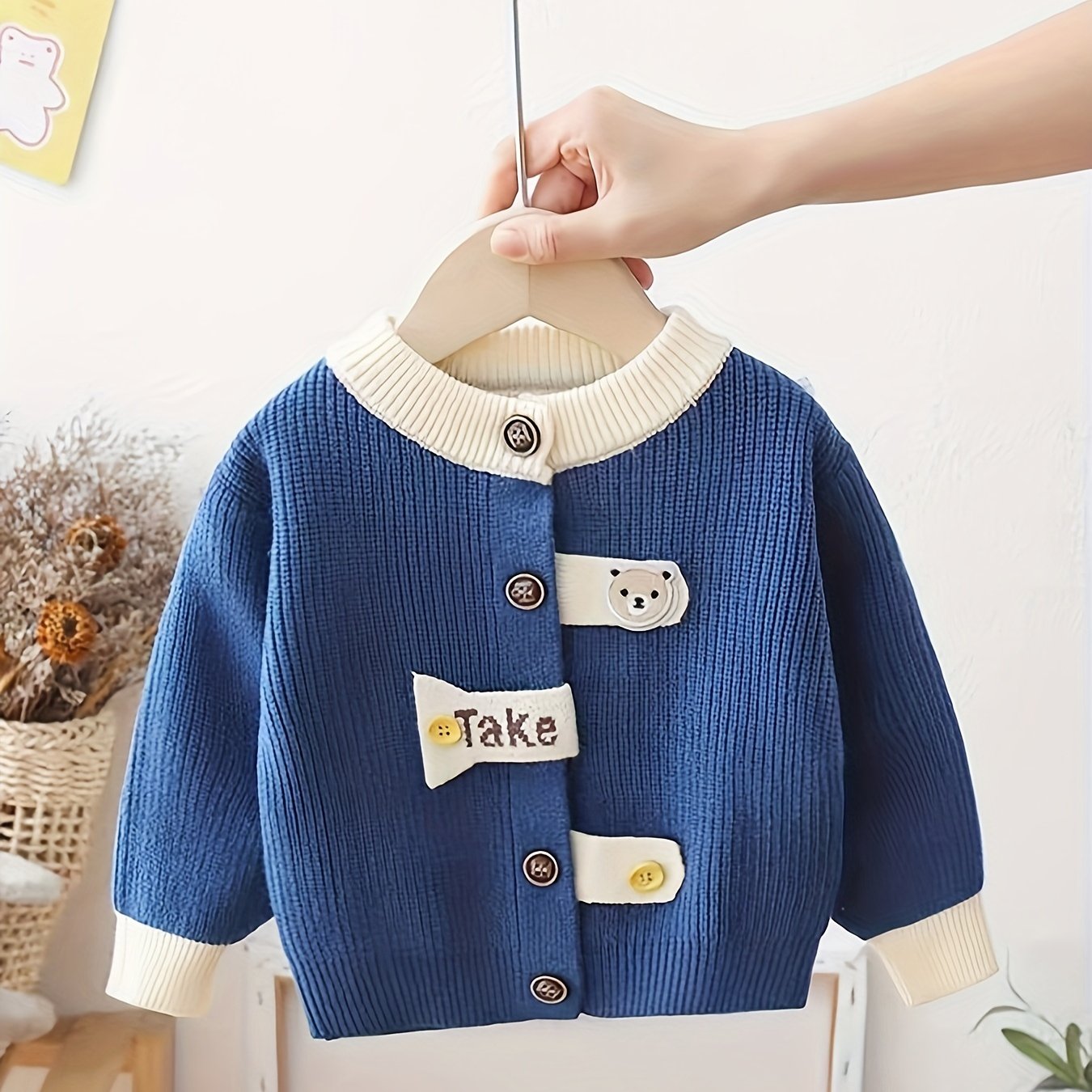 Cute boys' mustard yellow cardigan with bear patch. Cozy knit outerwear, perfect for fall/winter.