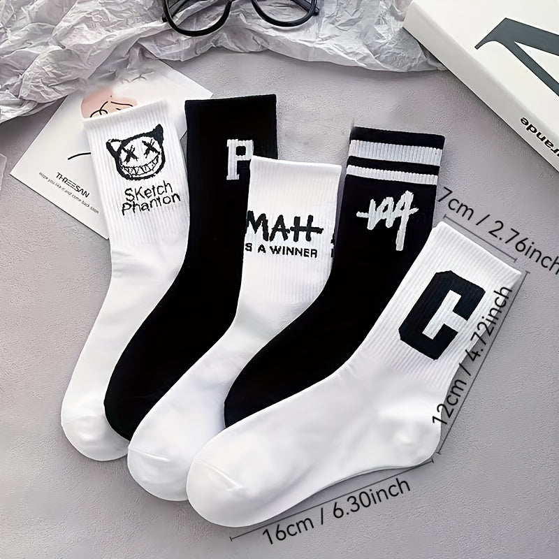 5 pairs of unisex couple sports socks with geometric pattern, made of 95% polyester and 5% spandex. Suitable for basketball and spring/autumn season. Color: Black and white. Mid-calf length.