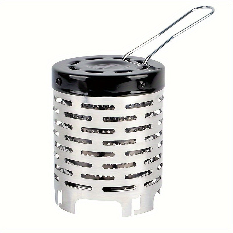 Compact stainless steel camping heater suitable for various stove heads, ideal for outdoor activities such as hiking and fishing.