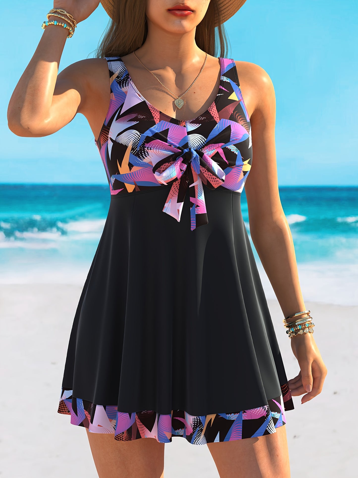 Get ready for the beach with this cute and stylish two-piece tankini set, perfect for a comfortable and stretchy fit. Ideal for your beach vacation.