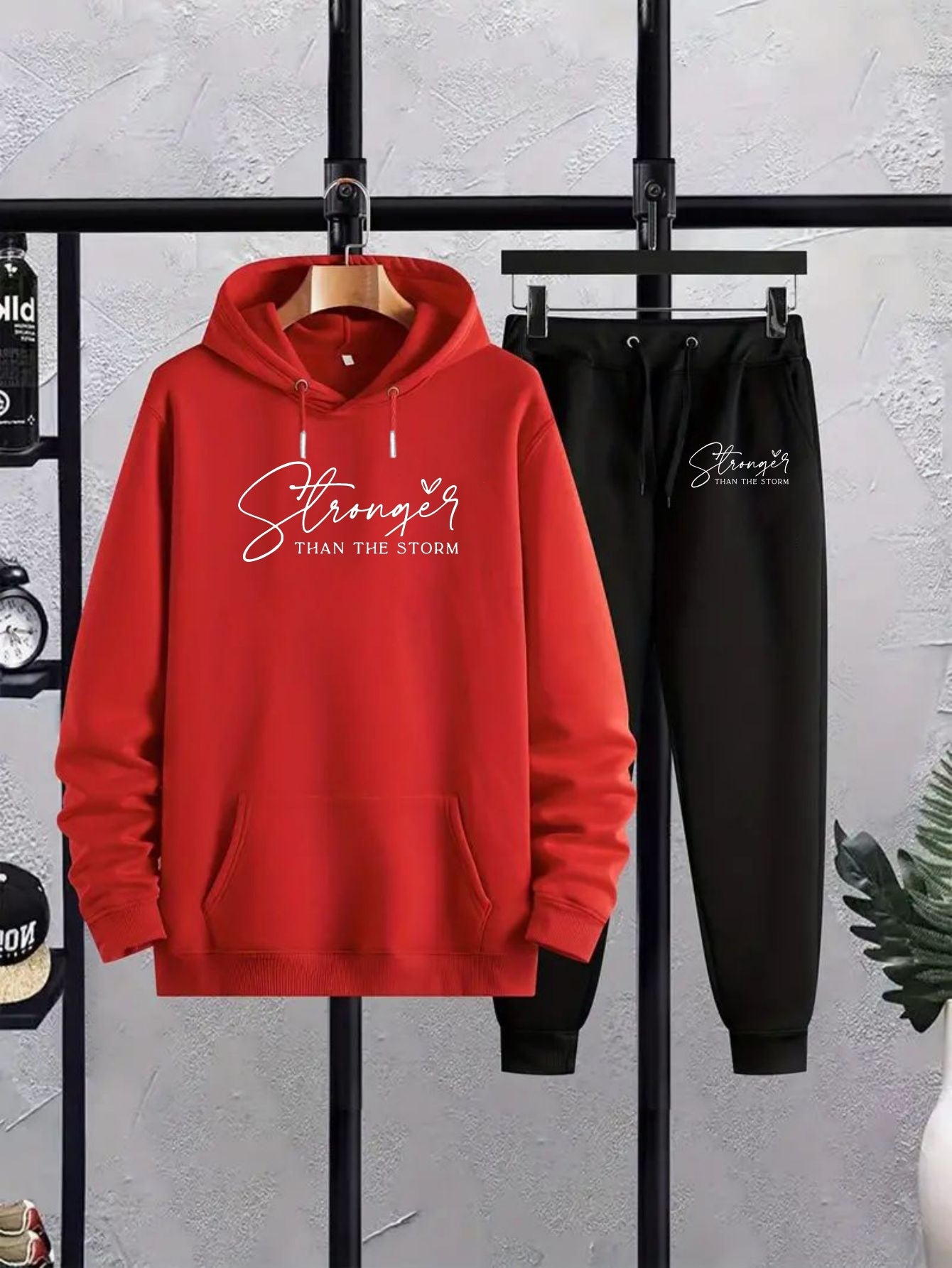 Men's casual hoodie set featuring "Than The Storm" print drawstring hoodie made of 100% polyester with slight stretch knit fabric. Regular fit with 200gsm weight - trendy sports outfit for