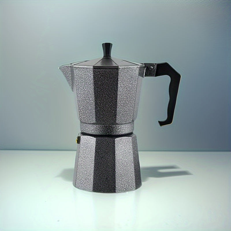 An array of Middle Eastern mocha coffee pots with a black background design, along with Italian-style aluminum pots, coffee cups, and a complete coffee set.