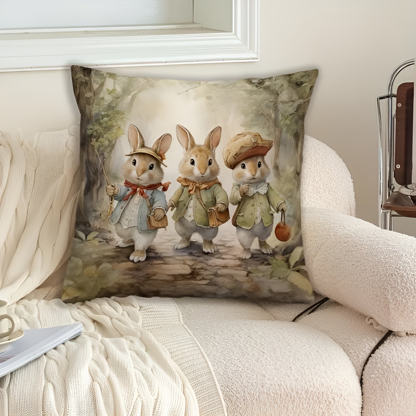 Modern linen throw pillow cover with zipper closure, machine washable, featuring woven rabbit cartoon design. Suitable for different room styles. Single-sided printing, insert not included.