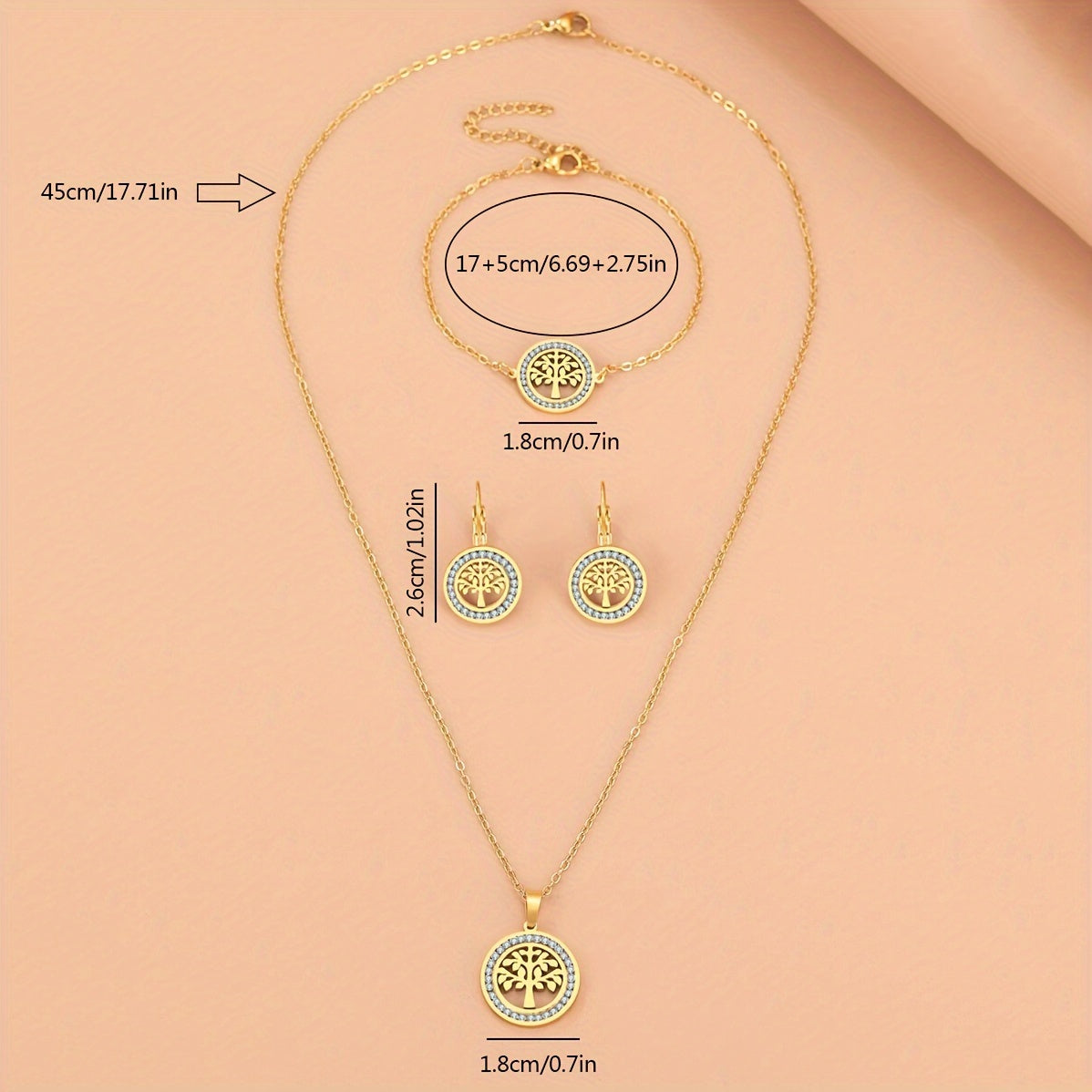 3-Piece Tree of Life Jewelry Set in Bohemian Style - 14K Gold Plated Copper with Synthetic Zirconia - Perfect for Parties and Weddings, Includes Necklace, Bracelet, and Earrings.