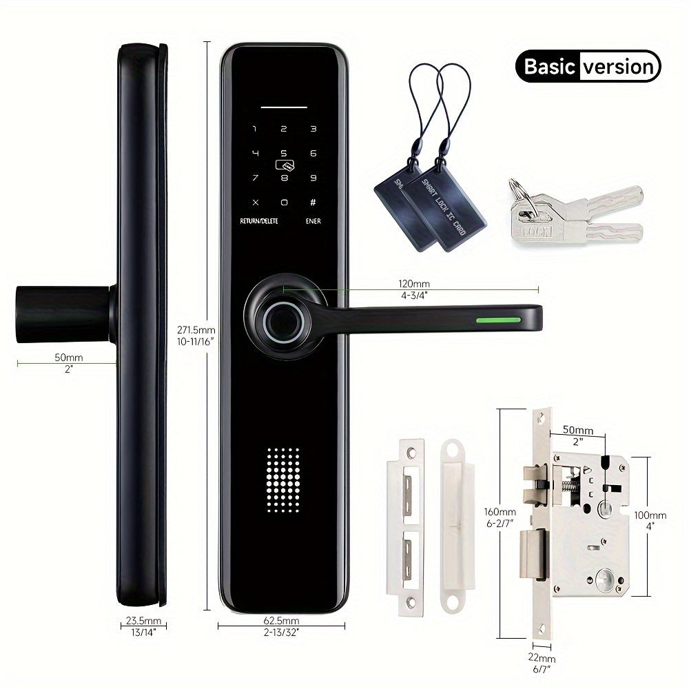 The SUMUS Smart Door Lock is a keyless entry, front door lock made of aluminum alloy. It is universal, battery powered, with Wi-fi, and includes an app and keypad. Shock-resistant but