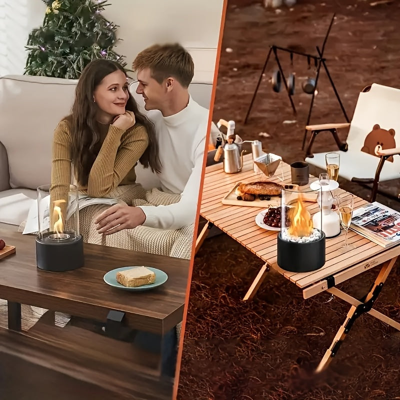 Enjoy the cozy ambience of a 1pc Portable Tabletop Fireplace. This smoke-free alcohol fire pit features sleek glass and metal design, complete with a stainless steel chimney, combustion chamber, and all necessary accessories. Perfect for both indoor and