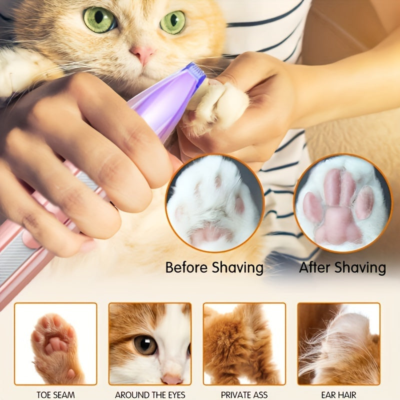 Silent pet grooming kit with rechargeable clippers, low-noise paw trimmer, and cordless nail polisher - USB powered.