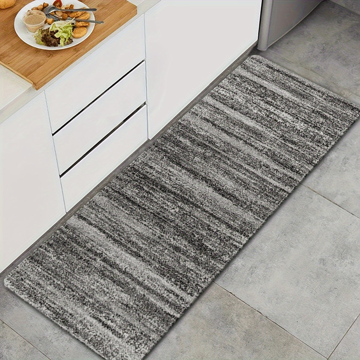 One piece of Contemporary Transitional Gray Runner Rug, featuring a non-skid washable design for use in laundry rooms, kitchens, hallways, or as an accent piece. The distressed floor carpet comes in various sizes: 40*60cm, 50*80cm, 50*120cm, 50*160cm