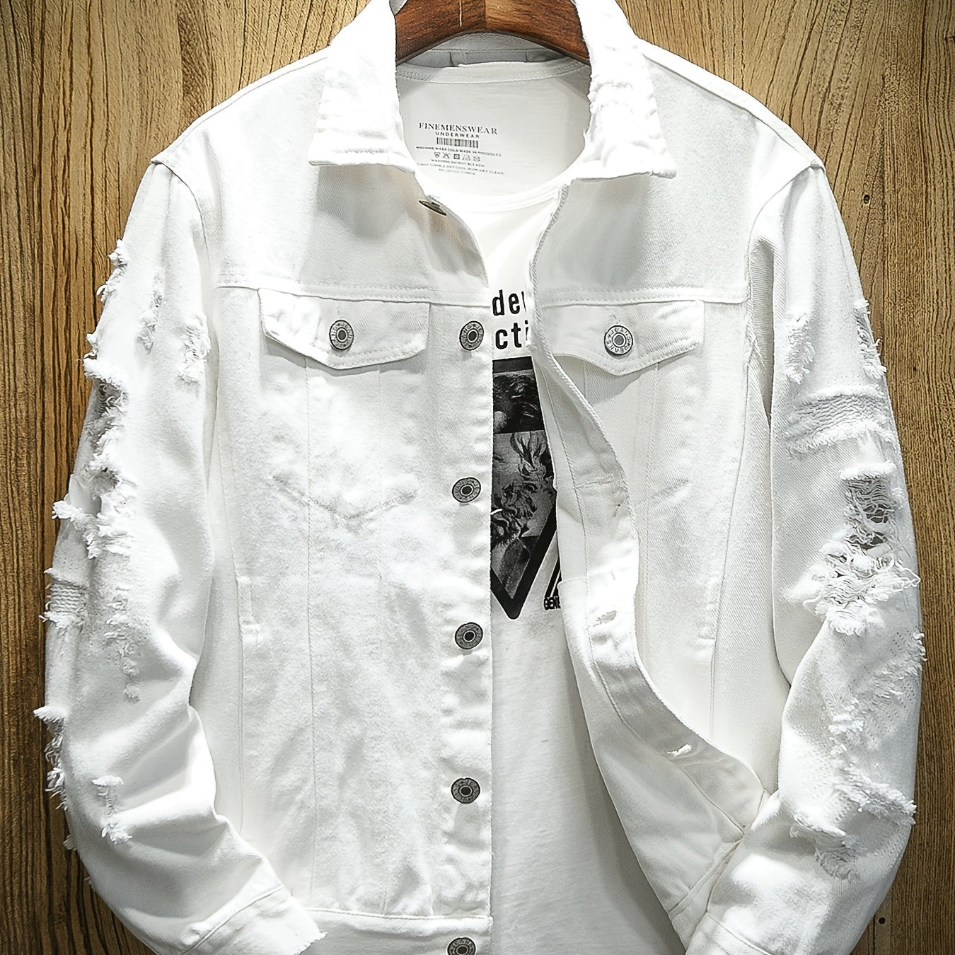 Men's distressed denim jacket - Casual cotton blend with long sleeves, button-up and lapel collar for Spring & Fall.