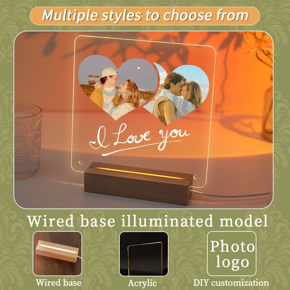 Customizable LED Light Acrylic Photo Frame featuring a Transparent Love Heart Design, perfect for any occasion like Christmas, Mother's Day, Father's Day, Pet Memorial, Anniversary, or Valentine's Day. A unique and thoughtful keepsake to display your