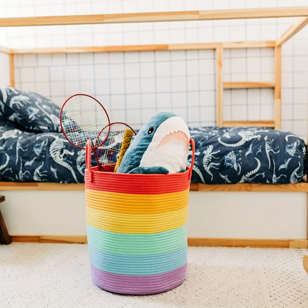 Vibrant rainbow woven basket with handles - 38.1x45.72cm tall for laundry and toys. Ideal for playroom, living room, or youngsters' bedroom. Striped design, durable fabric, easy to carry.