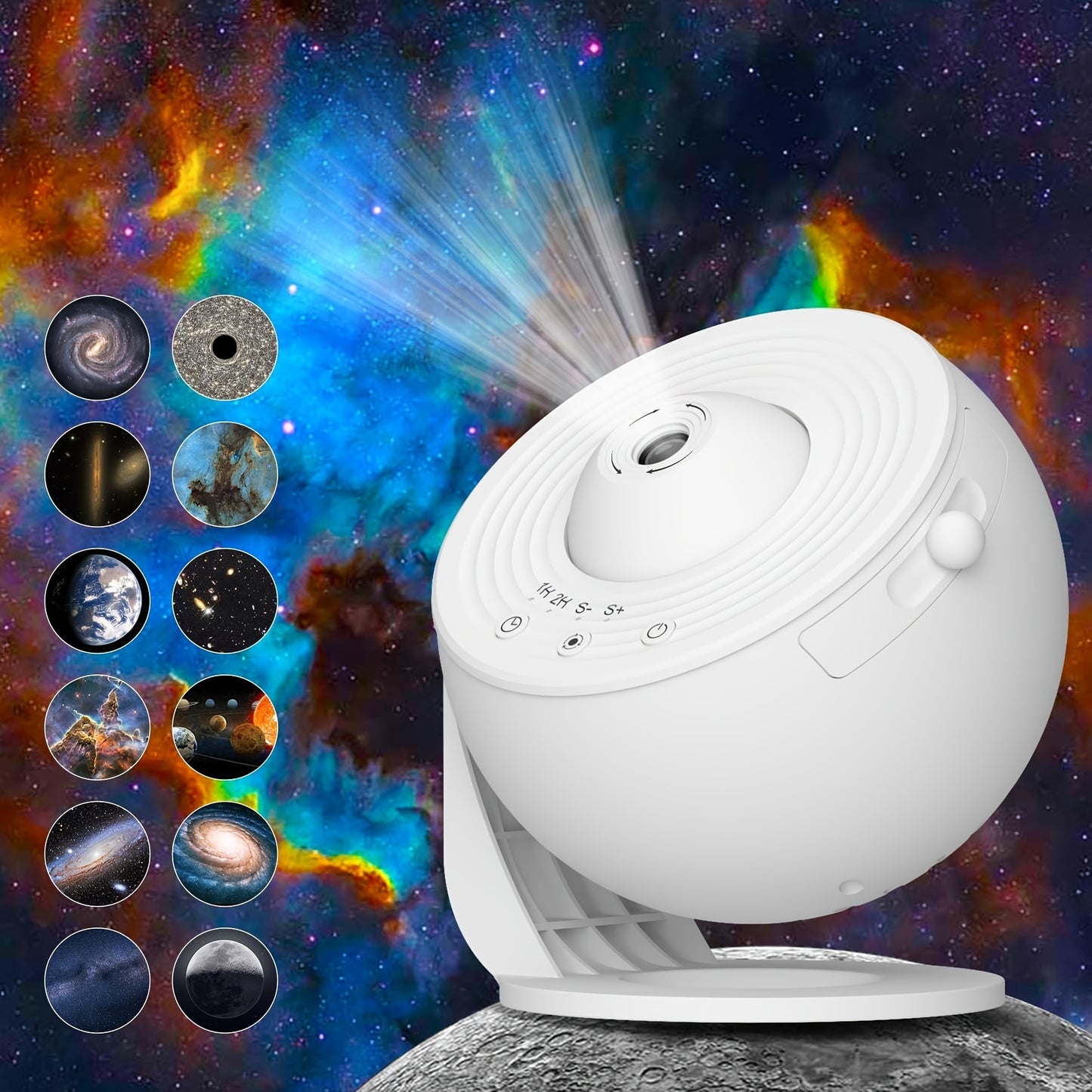 Galaxy projector with 12 replacement plates for adult bedroom or living room decoration, featuring high definition images of solar system constellations and the moon.