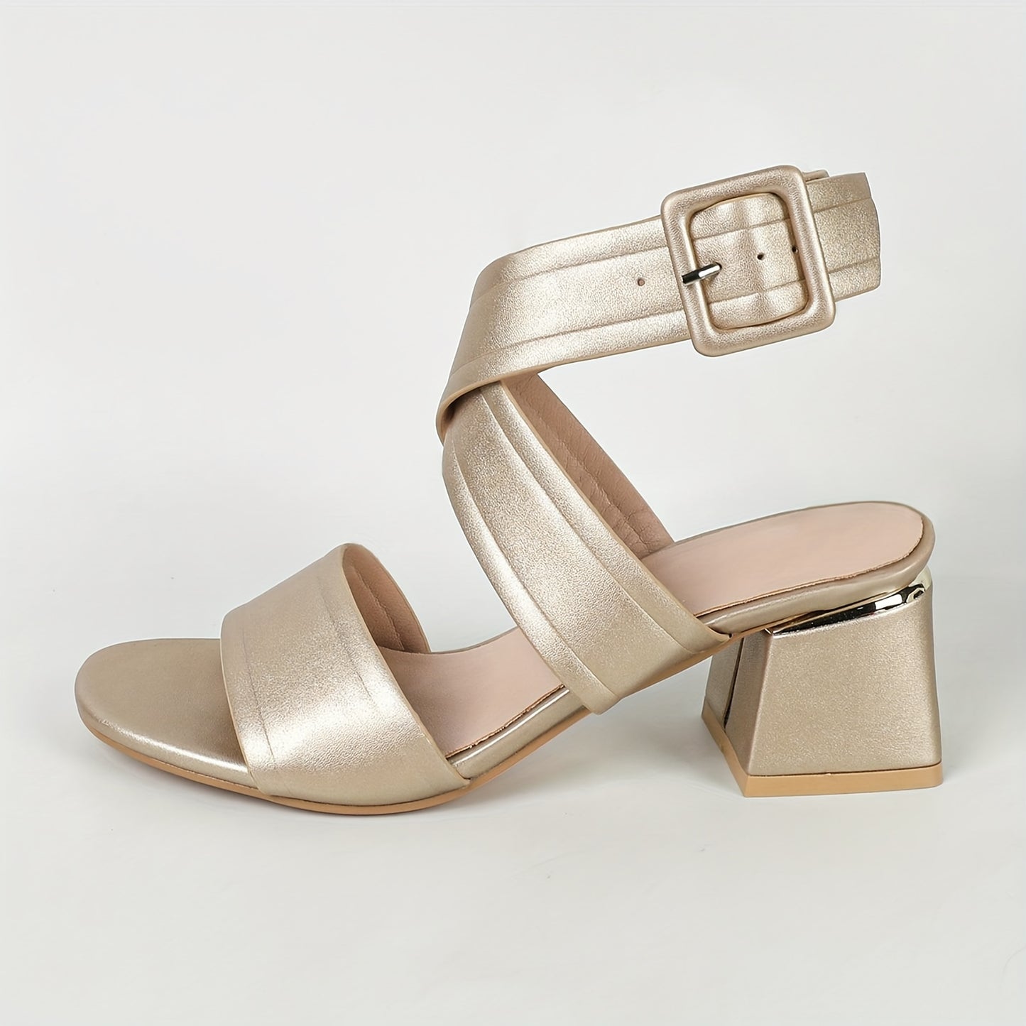 Trendy solid color sandals with chunky heel and ankle buckle strap.