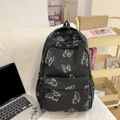 VMI Stylish Butterfly Print Nylon Backpack for Women - Versatile College Bookbag & Daily Commute Laptop Bag with Adjustable Straps, Black & Beige Options, Durable Stitched Design, School