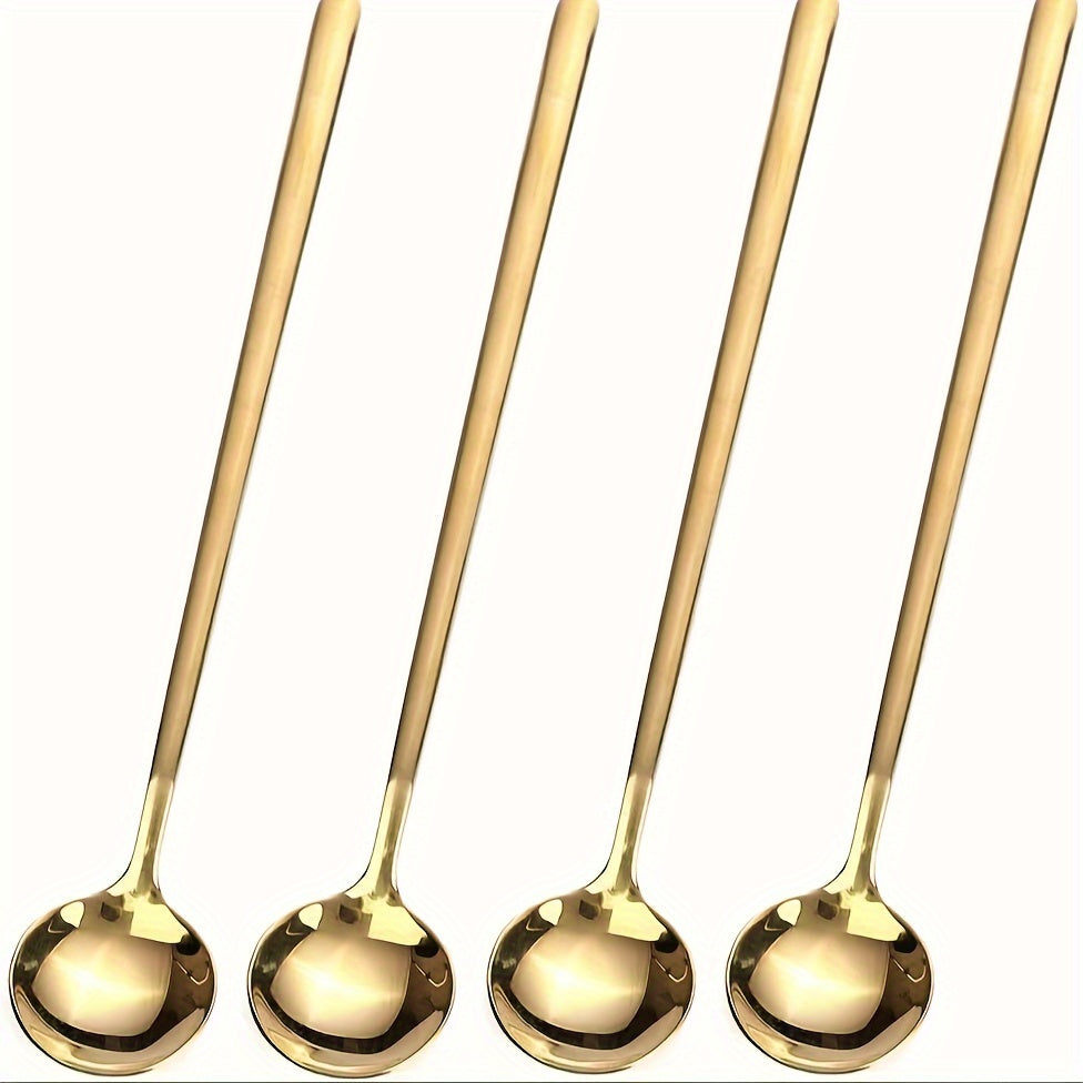 Creative titanium gold long-handled coffee spoon made of 1pc 304 stainless steel, suitable for stirring coffee, honey, and dessert in small mugs.