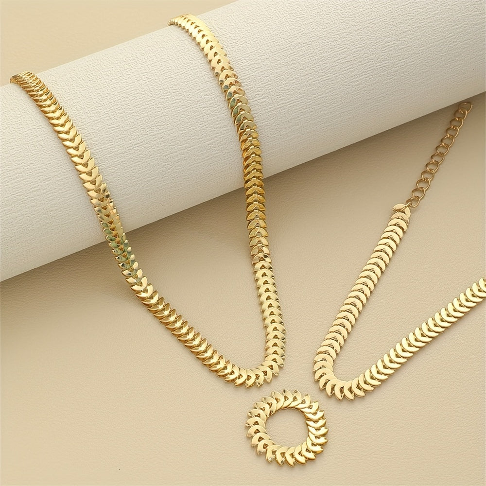 High-quality 3-piece jewelry set with fish scale iron chain necklace, ring, and bracelet. Casual yet elegant gift set.