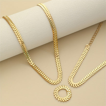 High-quality 3-piece jewelry set with fish scale iron chain necklace, ring, and bracelet. Casual yet elegant gift set.