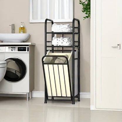 Modern metal laundry hamper with shelf, towel rack, removable liner bag, and open top storage basket in black for various rooms.