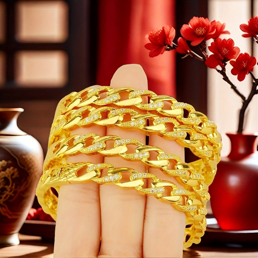 Luxurious set of 4 bohemian style bangles made of 24K gold plated copper adorned with synthetic zirconia. Featuring a fashionable design perfect for weddings, parties, and banquets. Makes a great gift for the Spring Festival, suitable for all seasons.