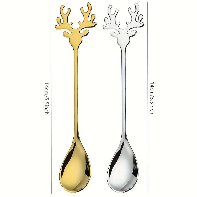 Set of 8 Christmas-themed stainless steel coffee spoons in the shape of deer heads, perfect for stirring desserts and candy, as well as stirring tea. These whimsical spoons can also be used as tableware decorations or kitchen accessories.