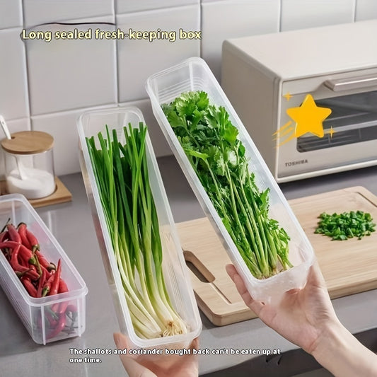 Durable two-part plastic container keeps vegetables fresh in the refrigerator without batteries. Ideal for storing items like coriander, green onions, mint, and more.