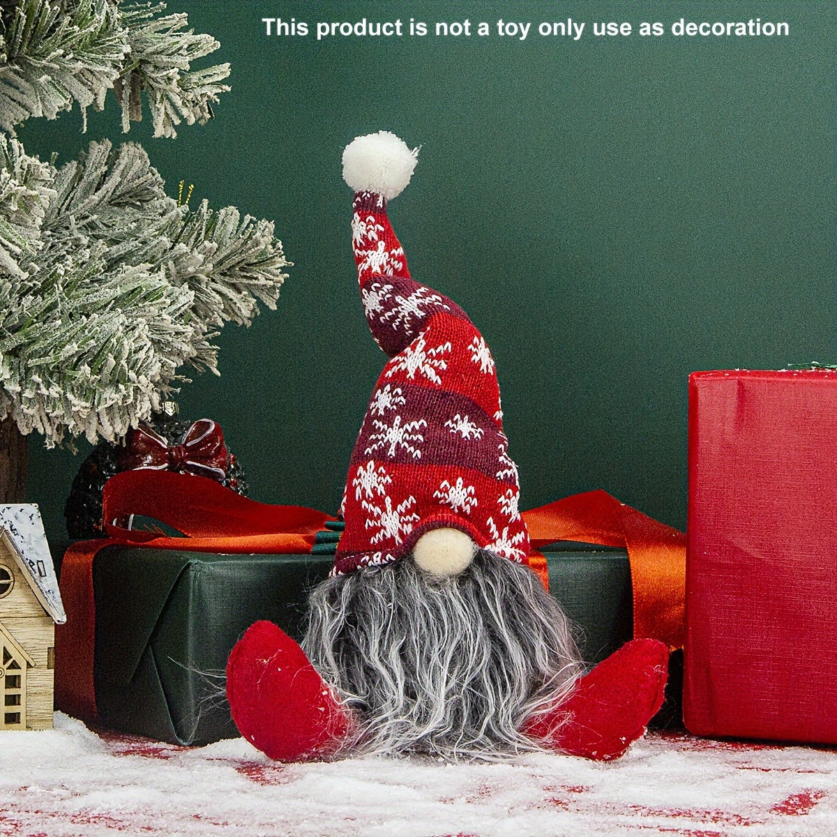 Christmas scene with an old man sitting in a snowflake hat and mustache, surrounded by props and decorations on Christmas Eve.