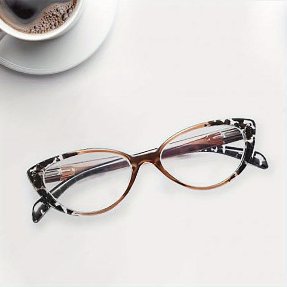 Women's blue light blocking reading glasses with cat eye design, spring hinges, anti-glare, and UV protection.