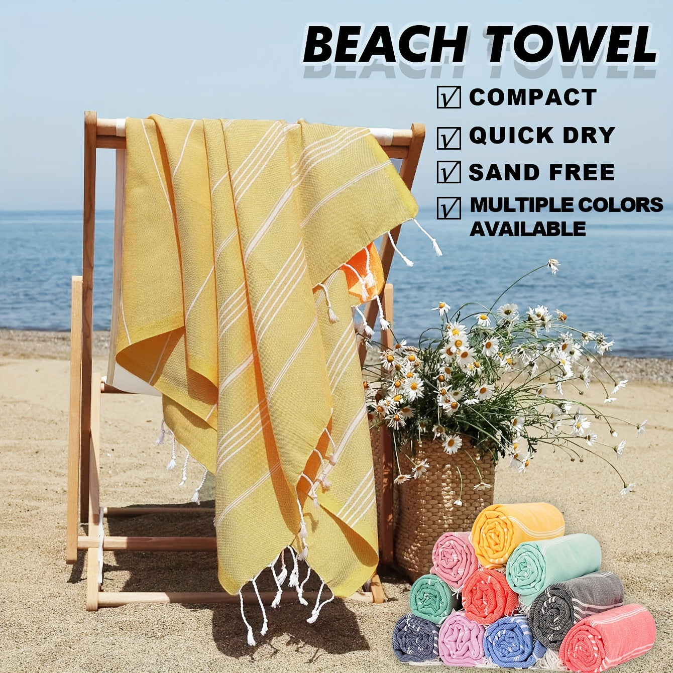 Turkish beach towel: quick-dry, sand-free, lightweight, oversized in striped patterns (yellow, white, blue, gray, pink) for pool, swim, travel. Ideal for camping, cruise, vacation, beach blanket.