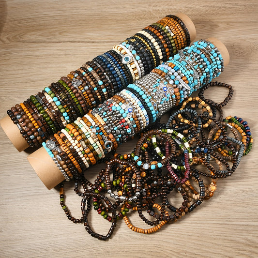 Handmade stretch jewelry for women featuring a set of 12 Boho style mixed wooden bead elastic bracelets. Perfect for daily wear, Valentine's Day gifts, and as a versatile all-season accessory. Includes synthetic February birthstone accents.