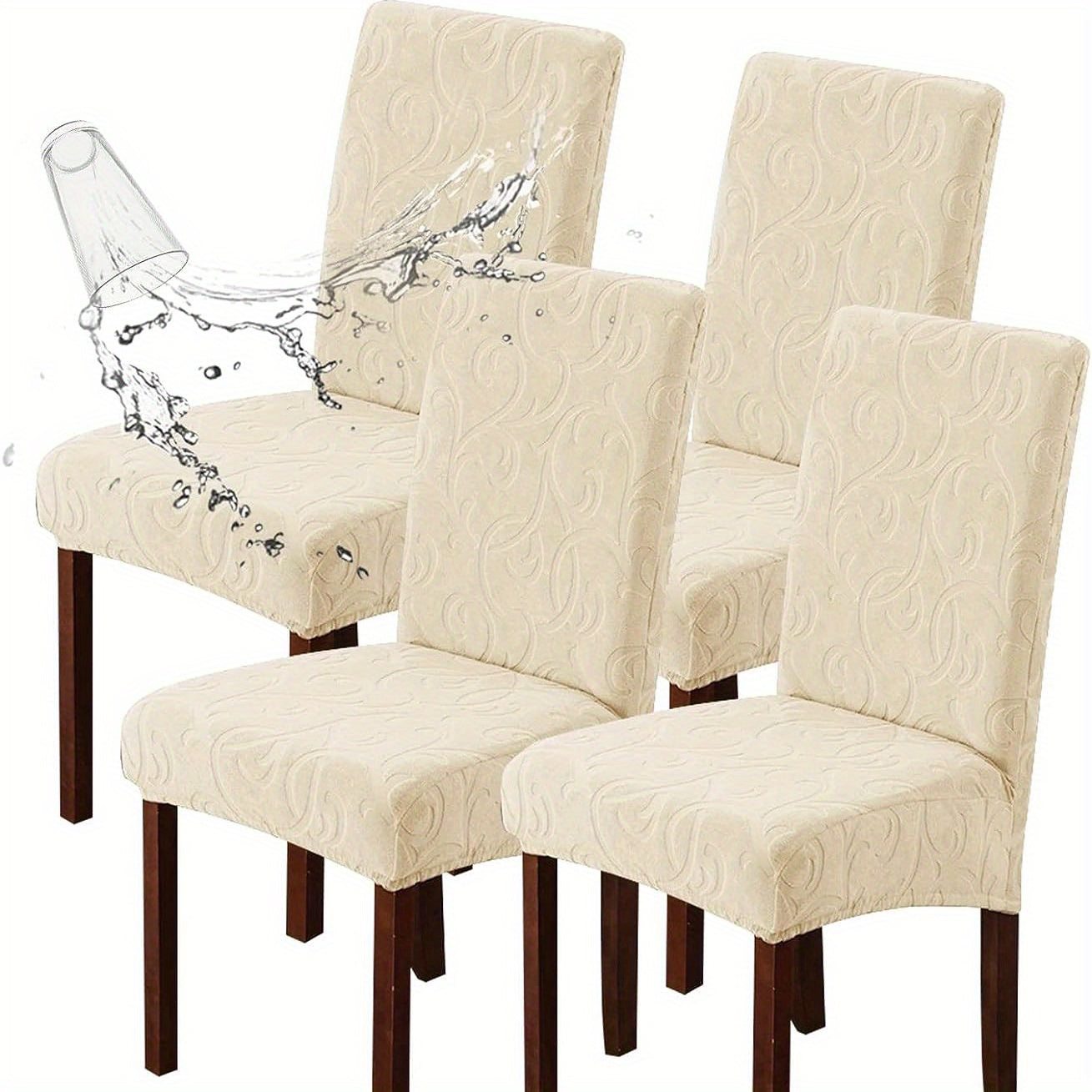 Waterproof chair slipcovers in 4pcs or 6pcs, stretch jacquard design for dining chairs. Removable, washable protector for home or commercial use.