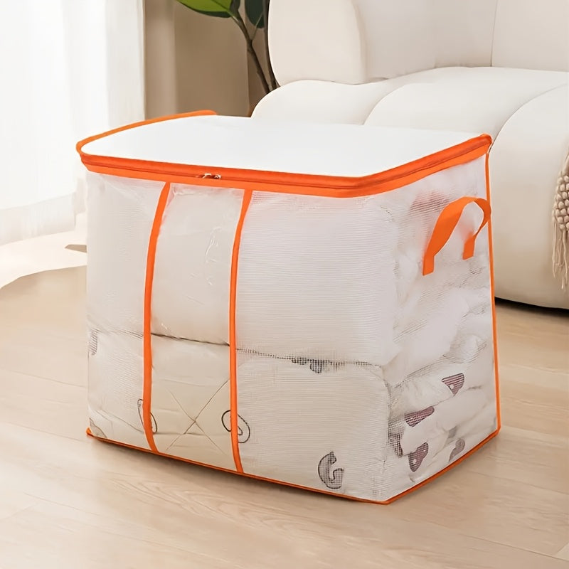 Large capacity transparent PVC storage bag with fixed handles, waterproof and dustproof, ideal for organizing dorm clothes and bedding, as well as providing a practical under-bed storage solution in the bedroom.