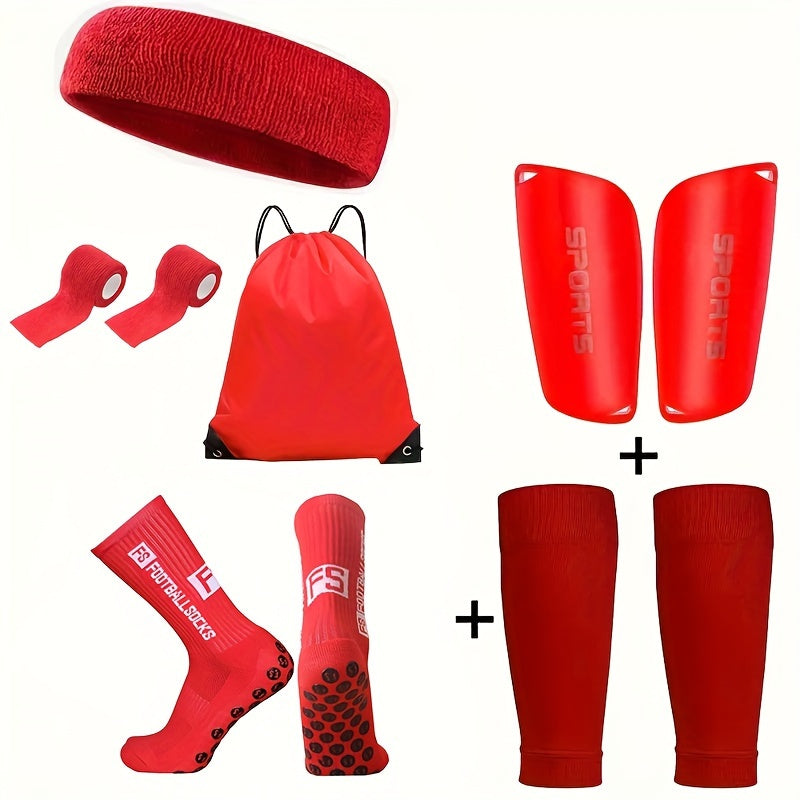 FS Sports 6-piece set for men and women includes non-slip socks, calf sleeves, drawstring backpack, headband, sports tape, and leg sleeves. Perfect for soccer, yoga, and outdoor activities.