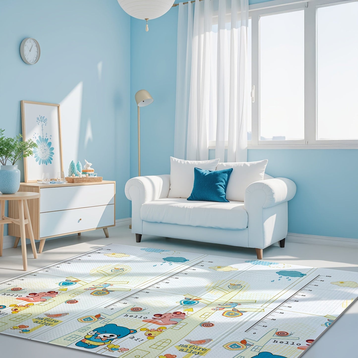 The Play Mat is crafted with superior quality materials, making it waterproof, non-slip, and easily foldable for portability. It comes with a convenient travel bag and features a double-sided design, ideal for crawling and learning. This versatile mat