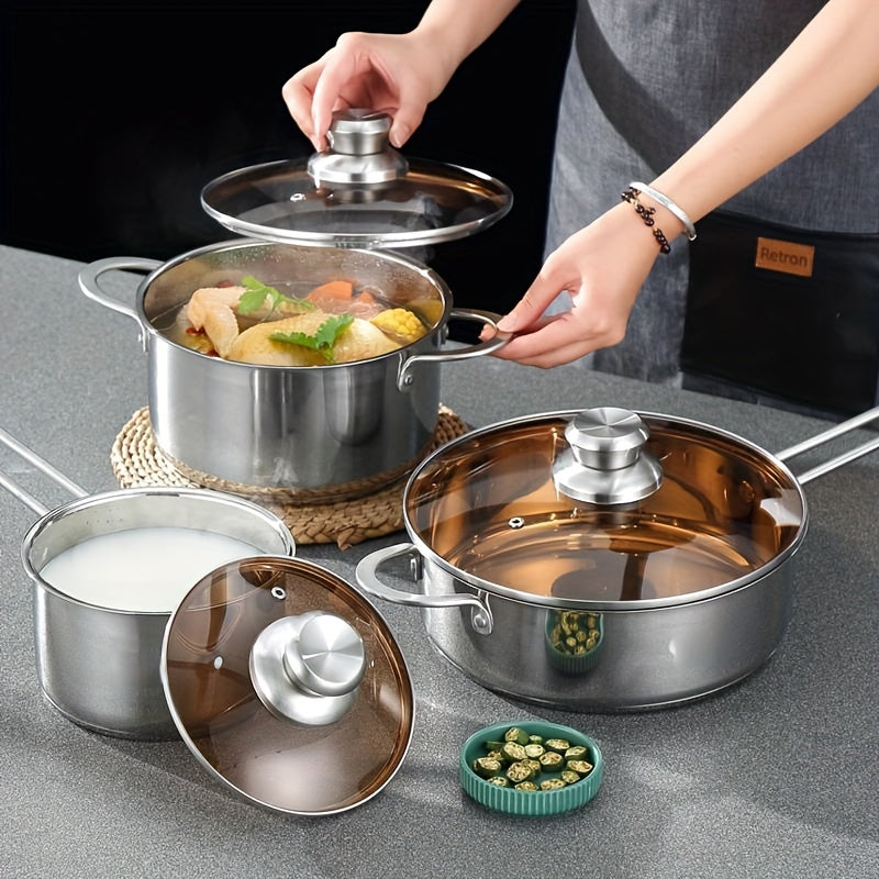 6-piece stainless steel cookware set featuring 304 premium quality, a triple-layered base, clear glass lid, and a complete kitchen cooking pots and pans set.